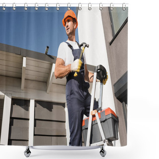 Personality  Builder In Overalls And Gloves Holding Hammer Beside Toolbox On Ladder And Building  Shower Curtains