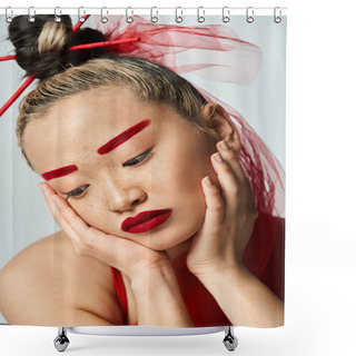 Personality  Asian Woman In Vibrant Red Dress, Hands On Face. Shower Curtains