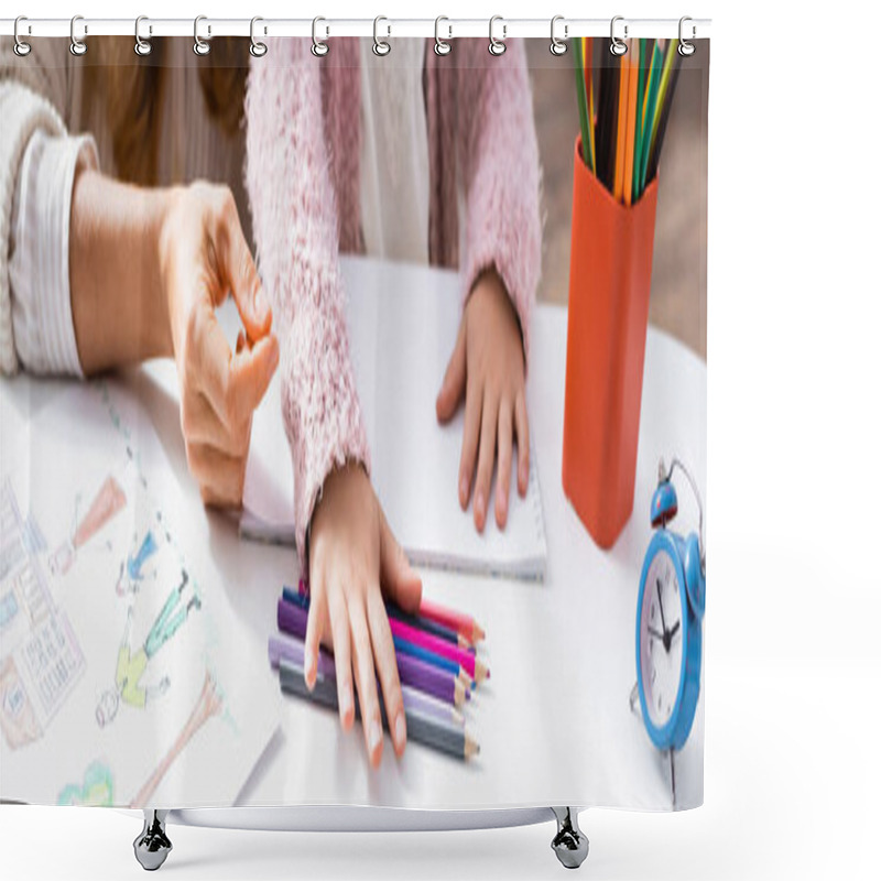 Personality  Cropped View Of Little Girl Drawing Pictures With Colorful Pencils While Visiting Psychologist, Banner Shower Curtains