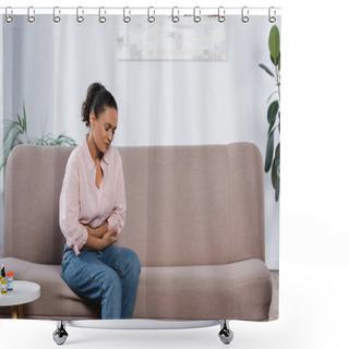 Personality  African American Woman Suffering From Abdominal Pain In Living Room  Shower Curtains