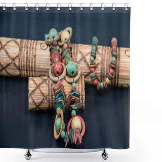 Personality  Traditional Tribal Colorful Necklace, Exposed On Tribal Hand Made Wooden Musical Instrument Shower Curtains