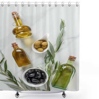 Personality  Top View Of Olive Oil In Glass Bottles And Tasty Olives On Marble Table Shower Curtains