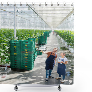 Personality  African American Farmer With Digital Tablet Near Colleague Pointing With Finger In Greenhouse Shower Curtains