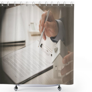 Personality  Cropped View Of Agent Holding Pen And Touching House Model Near Clipboard With Contract Lettering  Shower Curtains