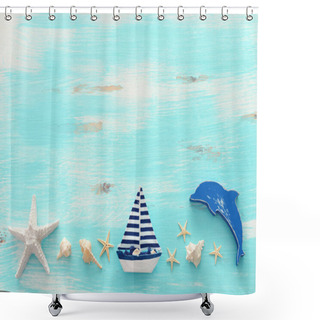 Personality  Vacation And Summer Concept With Vintage Boat, Starfish And Seashells Over Pastel Blue Wooden Background. Top View Flat Lay Shower Curtains