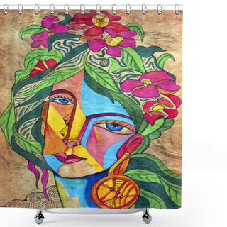 Personality          Cubist Girl Portrait Painting Modern Deco Design                        Shower Curtains