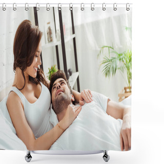 Personality  Happy Girlfriend Looking At Boyfriend Lying On Bed  Shower Curtains