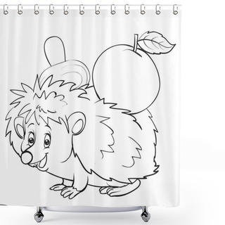 Personality  Cartoon Style Hedgehog With An Apple On The Back Is Drawn In Outline, Isolated Object On A White Background, Vector Illustration, Shower Curtains