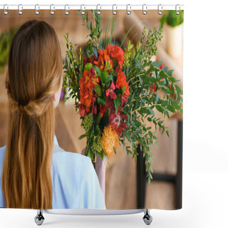 Personality  Back View Of Young Florist Holding Beautiful Flower Bouquet Shower Curtains