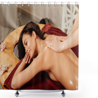 Personality  Attractive Smiling Woman Enjoying Ayurvedic Massage In Spa Center Shower Curtains