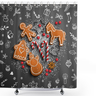 Personality  Christmas Theme With White Doodles And Gingerbread Shower Curtains