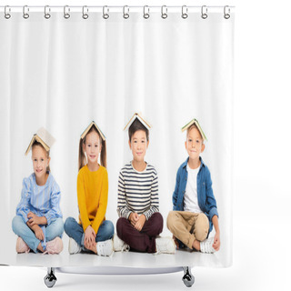 Personality  Smiling Multiethnic Kids With Books On Heads Sitting On White Background  Shower Curtains