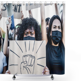Personality  Black Lives Matter International Activist Movement Protesting Against Racism And Fighting For Justice - Demonstrators From Different Cultures And Race Protest On Street For Equal Rights Shower Curtains