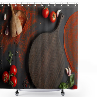 Personality  Top View Of Red Cherry Tomatoes, Cutting Board, Garlic Cloves And Fresh Herbs Near Spoons And Paprika Powder On Black  Shower Curtains