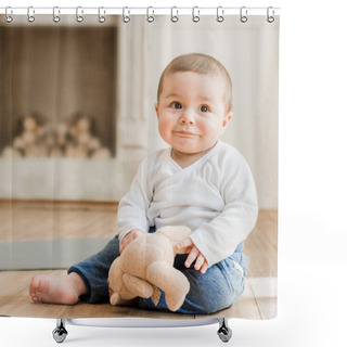 Personality  Smiling Baby Boy Sitting With Teddy Bear  Shower Curtains