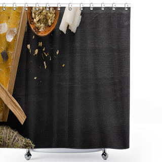 Personality  Top View Of Book, Candles With Smudge Stick And Crystals On Dark Wooden Background Shower Curtains