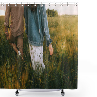 Personality  Cropped View Of Stylish Couple Walking On Green Summer Meadow Shower Curtains