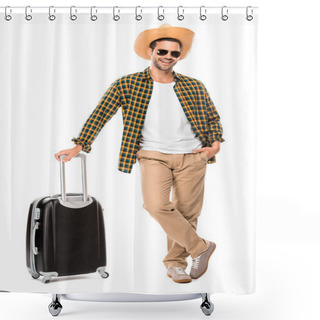 Personality  Happy Young Male Traveler In Sunglasses And Straw Hat Standing With Wheeled Bag Isolated On White Shower Curtains