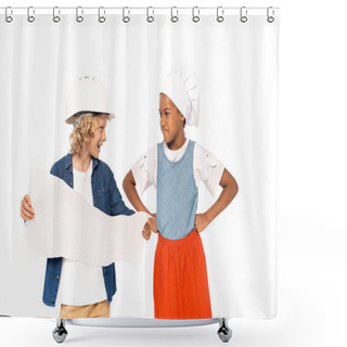 Personality  Boy In Costume Of Architect Holding Blueprint And Looking At Displeased African American Kid Standing With Hands On Hips Isolated On White  Shower Curtains