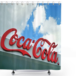 Personality  MOSCOW, RUSSIA - JUNE 22: Logo Of Coca-Cola Company, Moscow On June 22, 2018. Coca-Cola Company Is  American Corporation, Manufacturer And Retailer. Shower Curtains