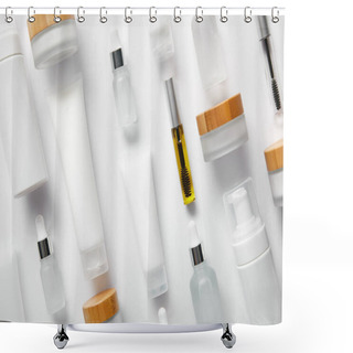 Personality  Flat Lay Of Cream Tubes With Hand Cream, Mascara Bottles, Cosmetic Glass Bottles, Cosmetic Dispensers And Jars On White  Shower Curtains
