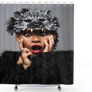 Personality  Shocked African American Woman In Werewolf Halloween Mask Touching Face Isolated On Grey Shower Curtains