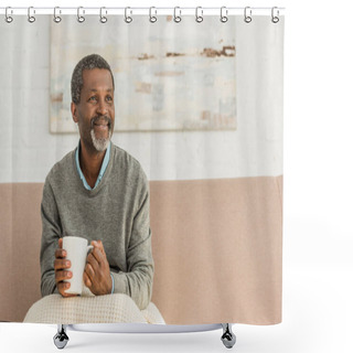 Personality  Senior, Positive African American Man Sitting With Blanket On Knees And Holding Cup Of Warming Drink Shower Curtains