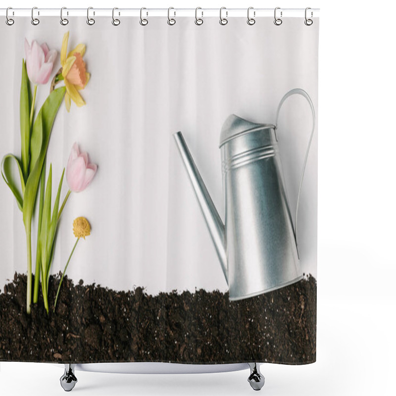 Personality  Flat Lay With Tulips, Narcissus, Chrysanthemum In Ground And Watering Can Isolated On White Shower Curtains