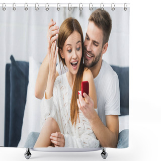 Personality  Handsome Man Doing Marriage Proposal To Shocked And Attractive Woman  Shower Curtains
