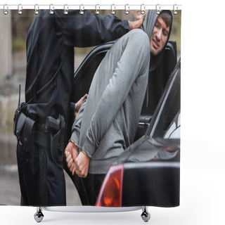 Personality  African American Policeman Arresting Angry Hooded Offender Near Patrol Car On Blurred Background Outdoors Shower Curtains