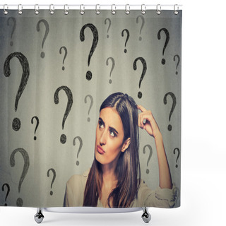Personality  Confused Thinking Woman Scratching Her Head Looking Up At Many Question Marks Shower Curtains