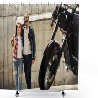 Personality  Young Couple With Motorcycle  Shower Curtains