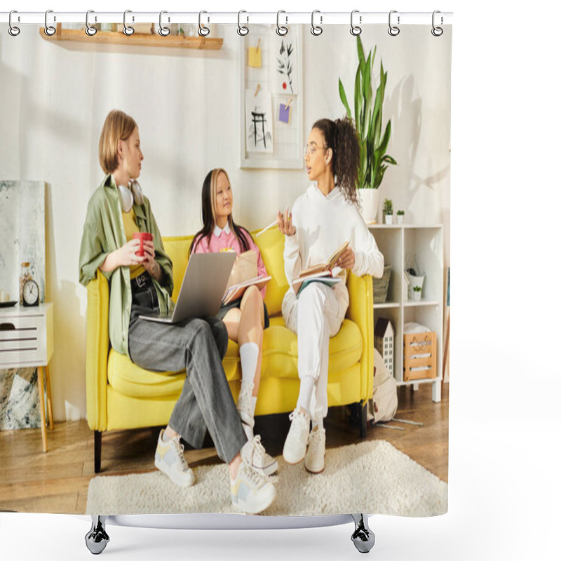 Personality  Three Diverse Teenage Girls Share Smiles While Studying Together On A Vibrant Yellow Couch. Shower Curtains