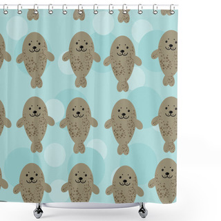 Personality  Seamless Pattern With Funny Cute  Gray Seals Sea Animal On A Blu Shower Curtains
