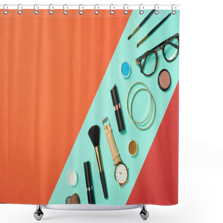 Personality  Mascara, Watch, Lipstick, Bracelets, Eyeshadow, Blush, Glasses And Cosmetic Brushes On Turquoise Background Shower Curtains