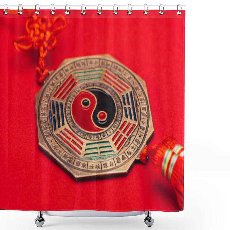 Personality  Close-up Shot Of Traditional Chinese Yin And Yang Talisman On Red Surface Shower Curtains