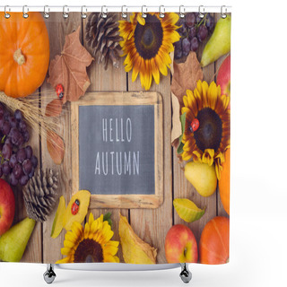 Personality  Hello Autumn Concept With Chalkboard,  Pumpkin, Apples And Sunfl Shower Curtains