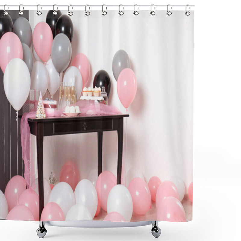 Personality  Party Treats And Items On Table In Room Decorated With Balloons Shower Curtains