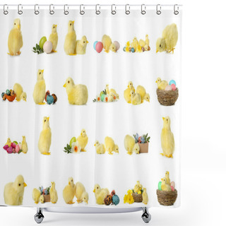 Personality  Cute Yellow Chickens With Spring Flowers And Easter Eggs On White Background Shower Curtains