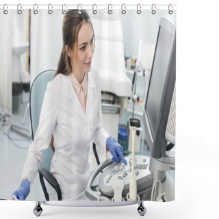 Personality  Young Smiling Doctor Working With Ultrasound Scanner In Clinic Shower Curtains
