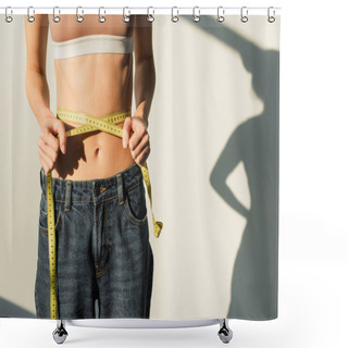 Personality  Partial View Of Fit Woman In Sports Top And Jeans Measuring Waist On White Background With Shadows Shower Curtains
