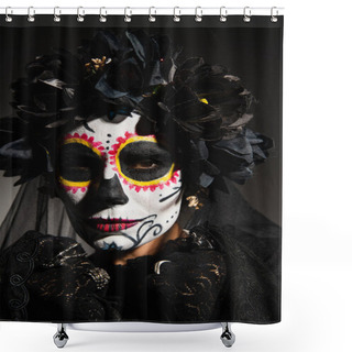 Personality  Portrait Of Woman In Wreath And Catrina Makeup Looking At Camera On Black Background  Shower Curtains