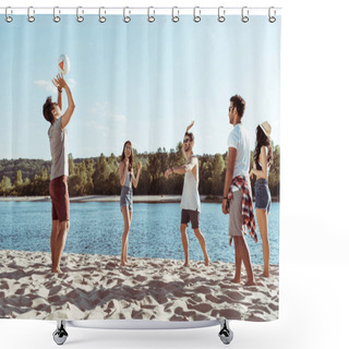 Personality  Friends Playing Volleyball On Sandy Beach Shower Curtains
