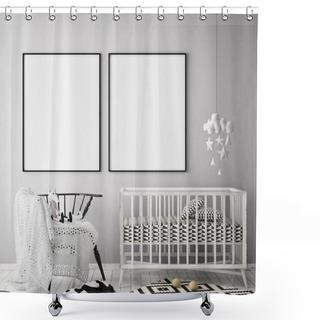 Personality  Mock Up Poster Frame In Children Bedroom, Scandinavian Style Interior Background, 3D Render Shower Curtains