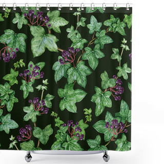 Personality  Ivy Vine Seamless Pattern. Watercolor Illustration. Hedera Helix Painted Image. Botanical Fresh Ivy Green Stem With Leaves, Buds And Berries. Hedera Plant Seamless Pattern. Dark Background. Shower Curtains