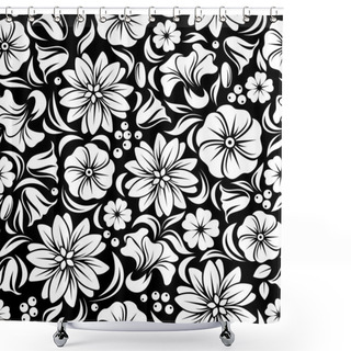 Personality  White Seamless Floral Pattern On Black. Vector Illustration. Shower Curtains