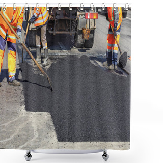 Personality  The Working Team Smoothes Hot Asphalt With Shovels By Hand When Repairing The Road. Shower Curtains