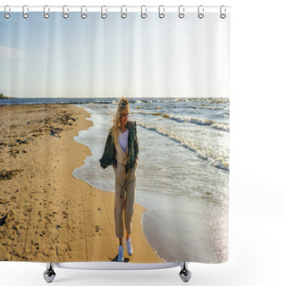 Personality  Young Smiling Woman In Stylish Clothing On Seashore On Summer Day Shower Curtains