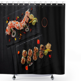 Personality  Top View Of Delicious Fresh Sushi Rolls On Slate Boards And Chopsticks Shower Curtains