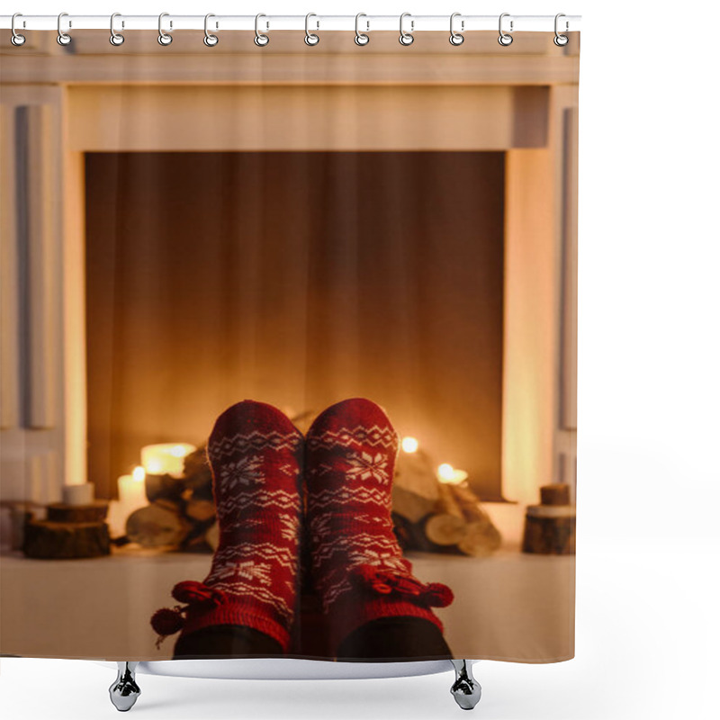 Personality  cropped view of woman in woolen winter socks with fireplace on background shower curtains